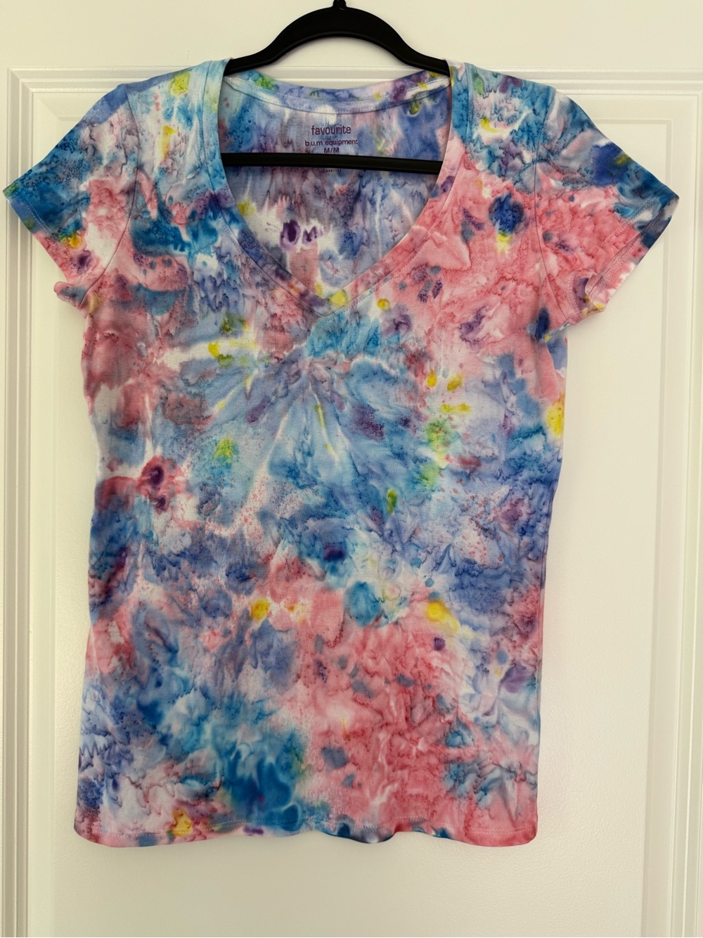 Equipment Tie-Dye V-Neck Tee in Pink, Blue & Yellow